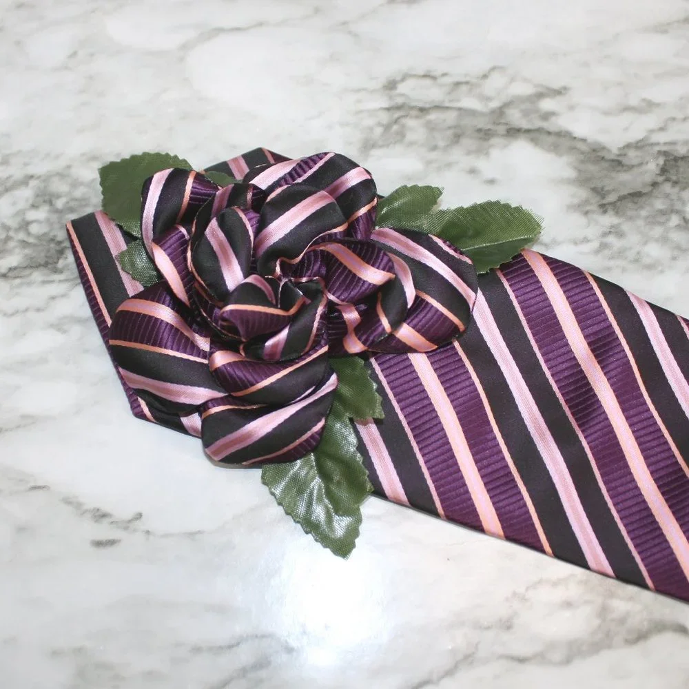 HAND CRAFTED Wrap Headband Silk Stripes Wide Upcycled Necktie Retro Plum Purple